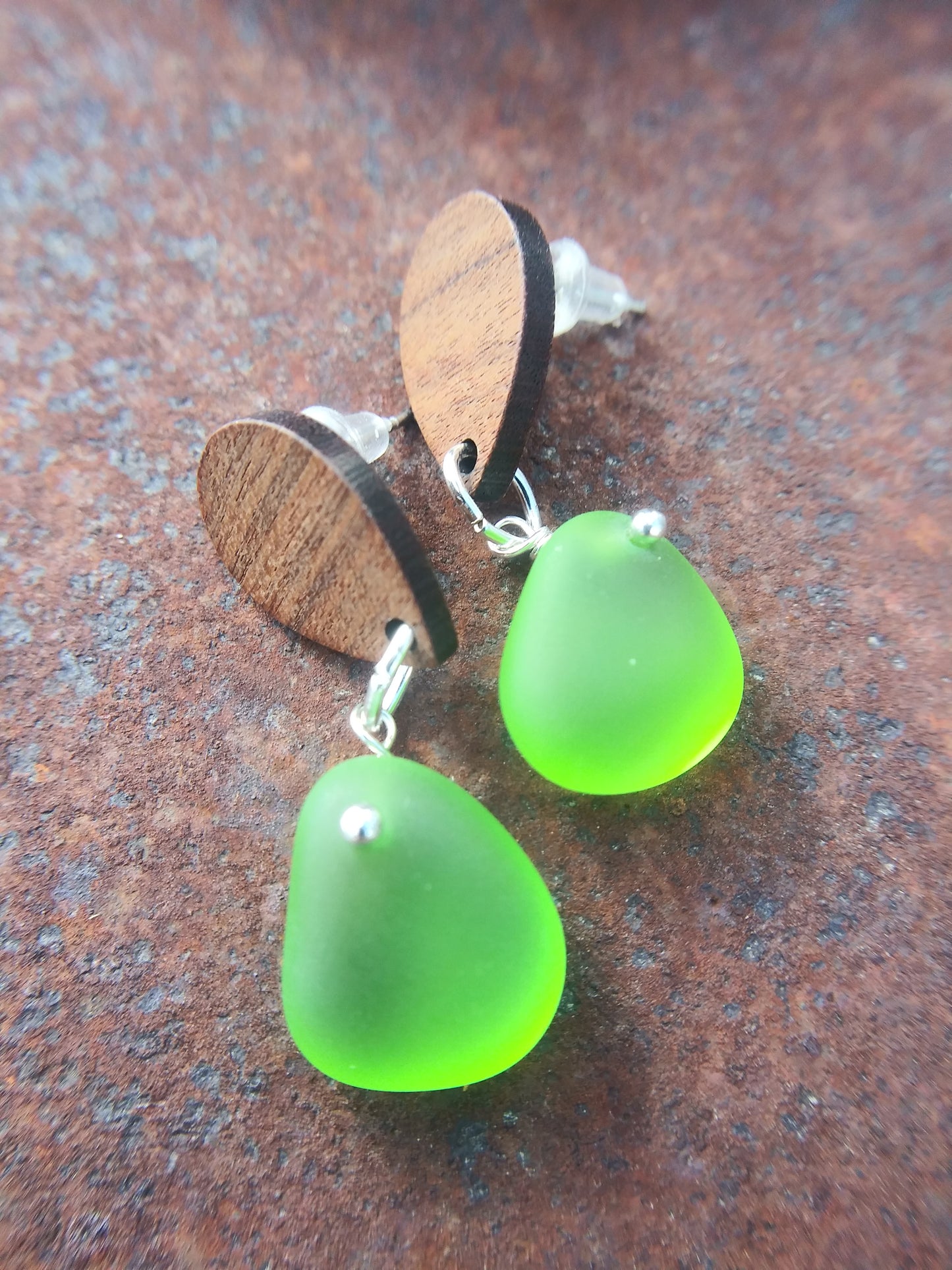 Green Sea Glass Earrings with woode n stainless steel posts