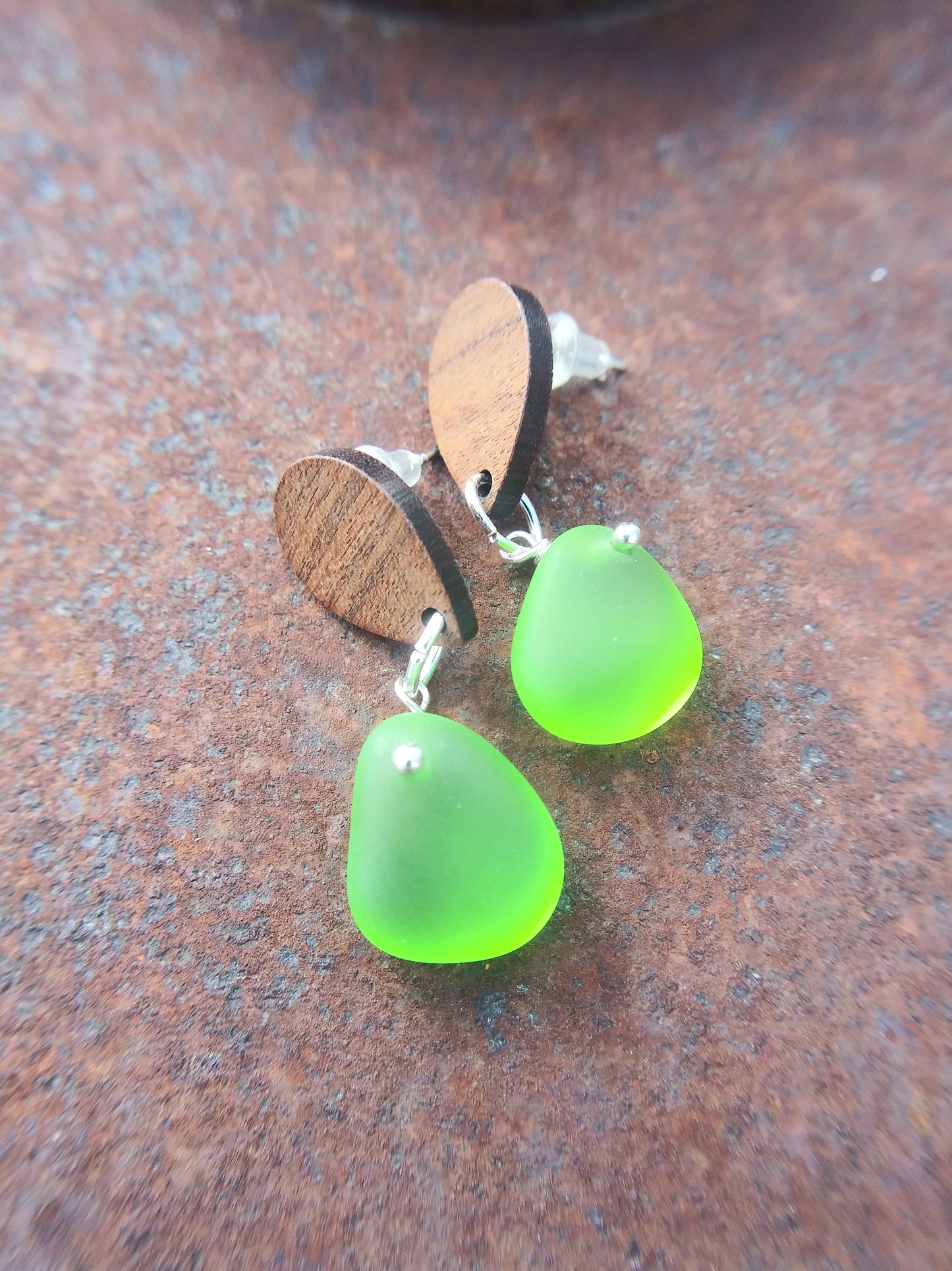 Green Sea Glass Earrings with woode n stainless steel posts