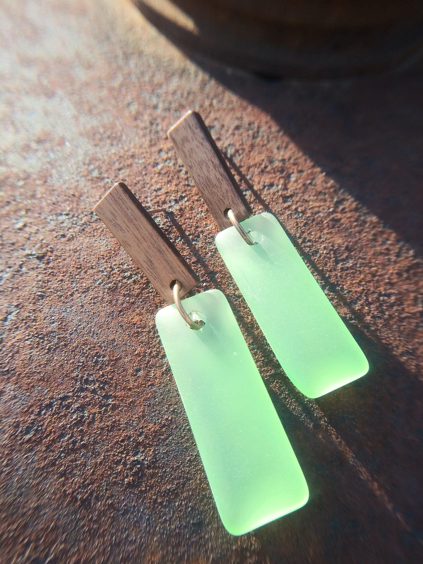 Green Sea Glass Bar Earrings
