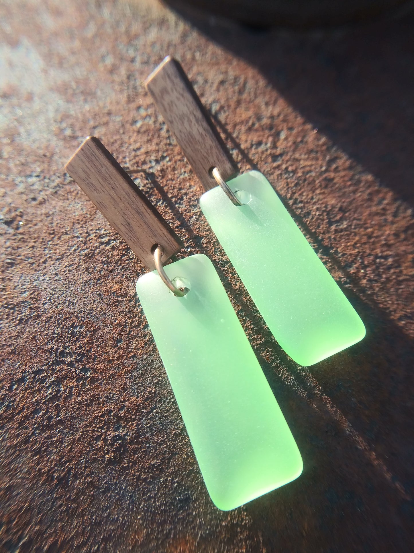 Green Sea Glass Bar Earrings