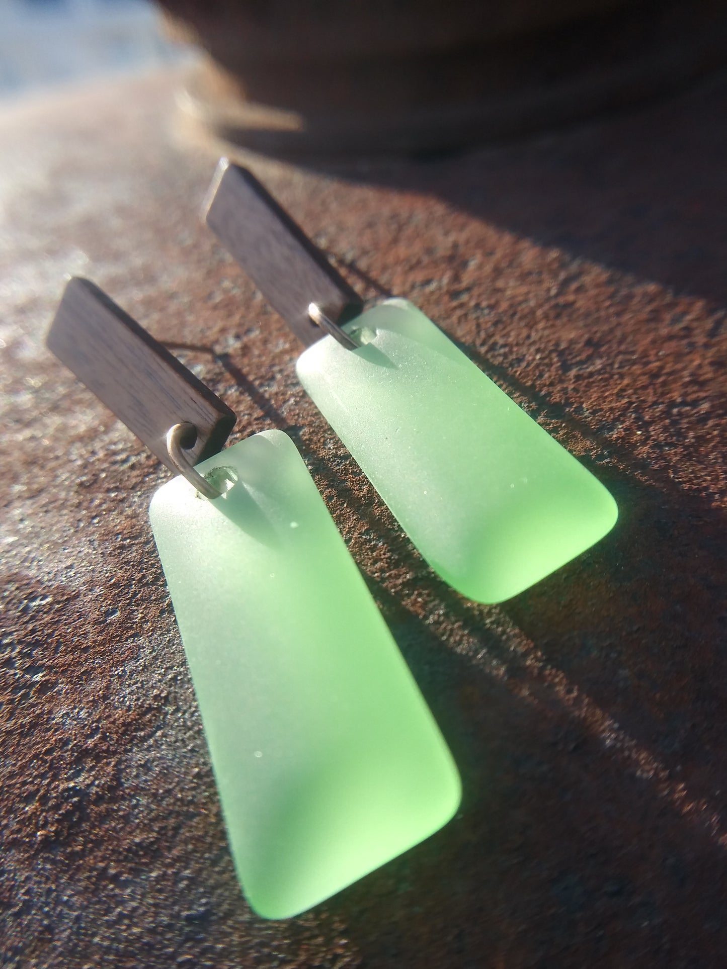 Green Sea Glass Bar Earrings