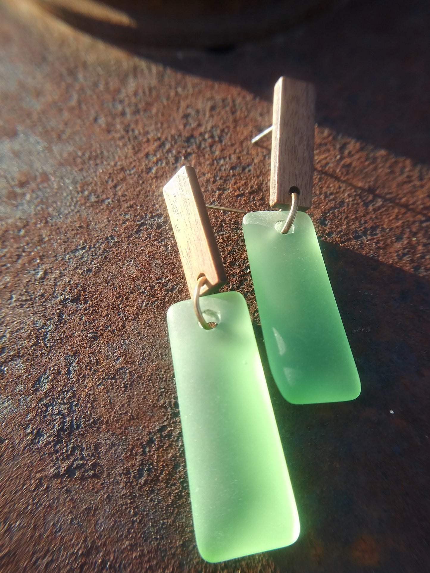Green Sea Glass Bar Earrings