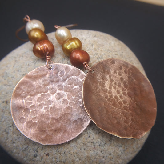 Copper Copy Earrings with tri colored pearls earrings