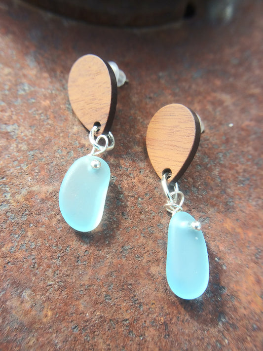 Pale Blue Sea Glass Earrings with stainless steel posts and wooden tear drop stud